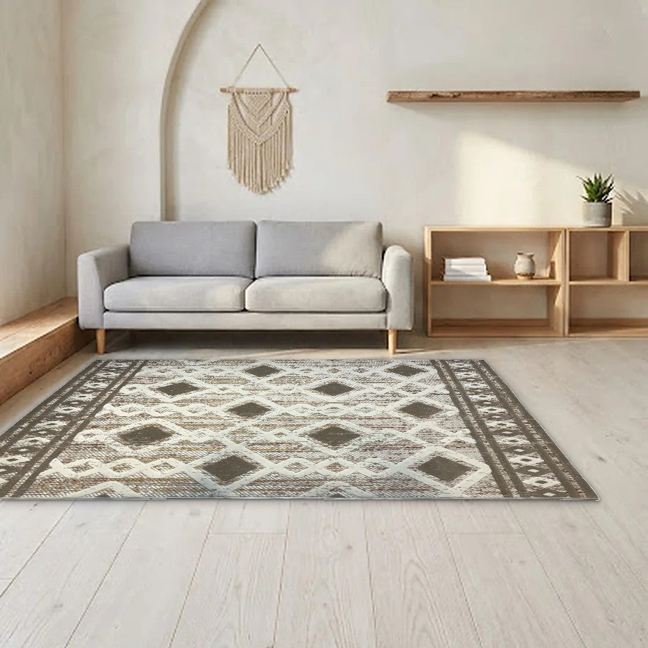 Room view: the rug on the floor of a furnished room, shown at its real size