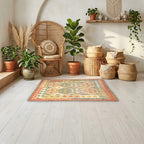 Room view: the rug on the floor of a furnished room, shown at its real size