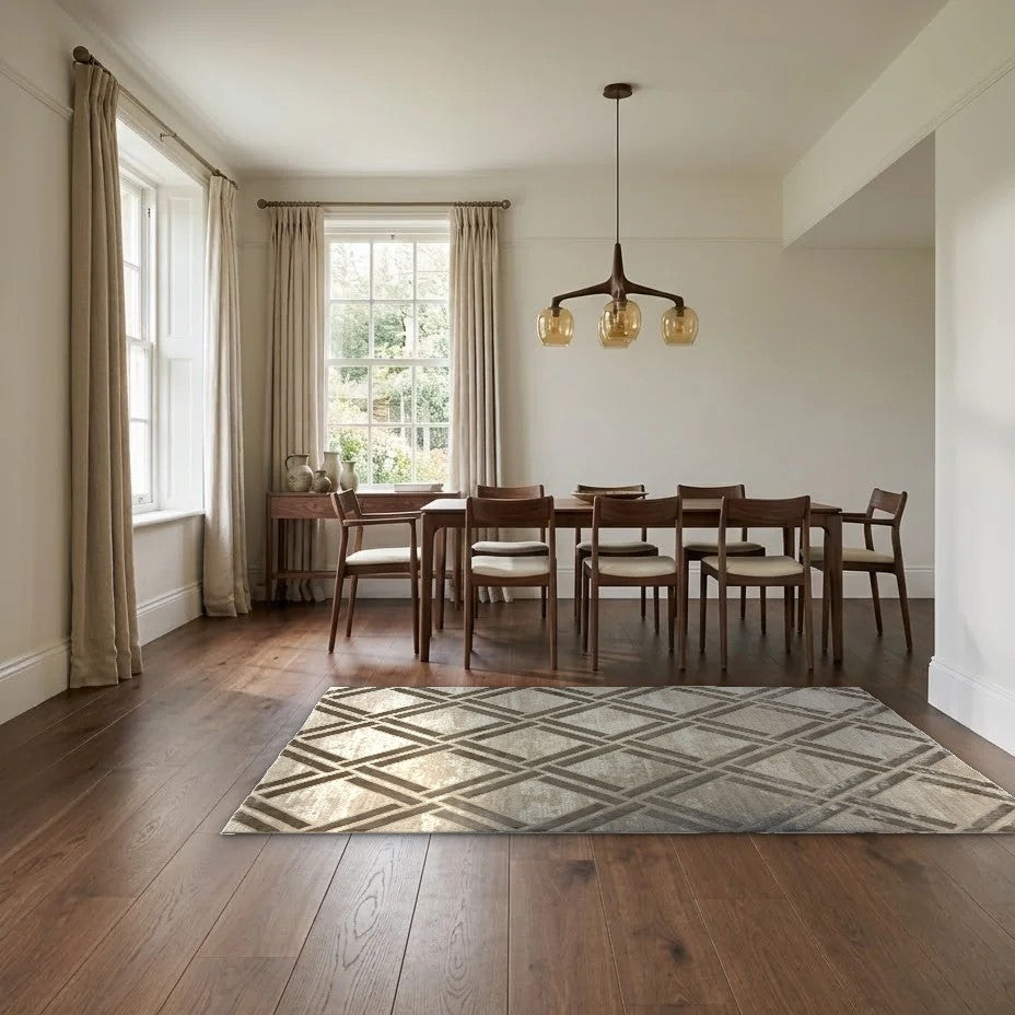 Room view: the rug on the floor of a furnished room, shown at its real size