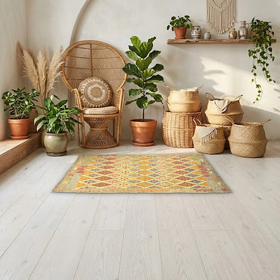Room view: the rug on the floor of a furnished room, shown at its real size