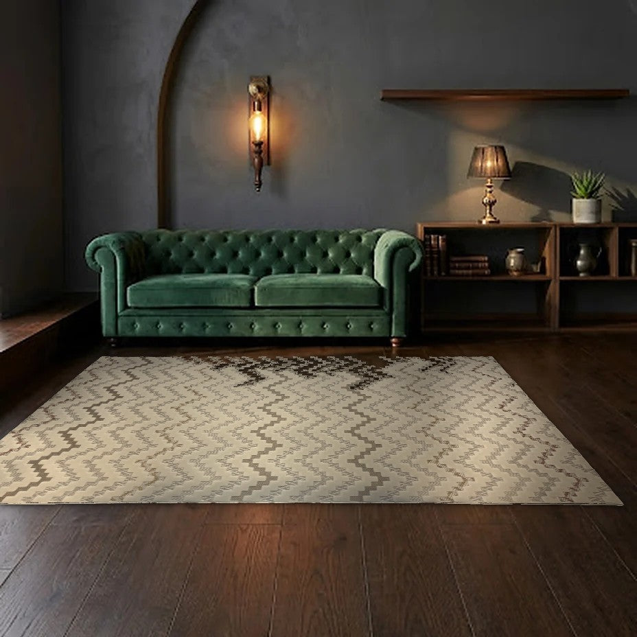 Room view: the rug on the floor of a furnished room, shown at its real size