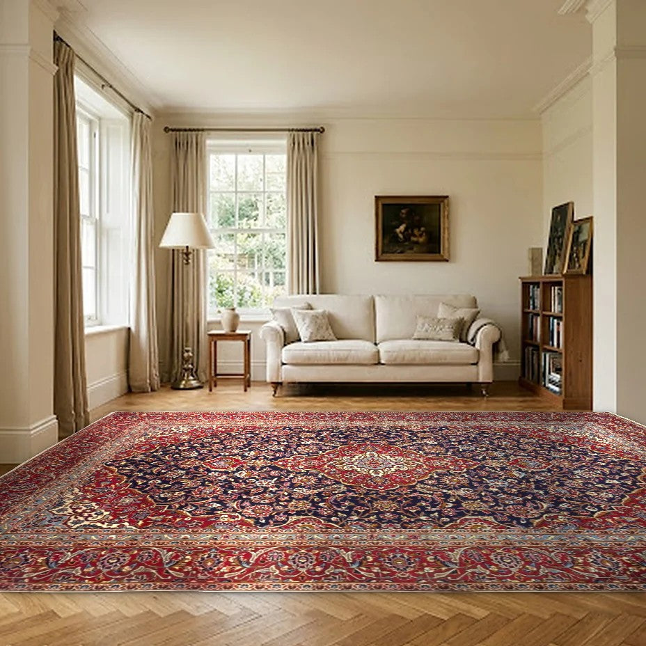 Room view: the rug on the floor of a furnished room, shown at its real size