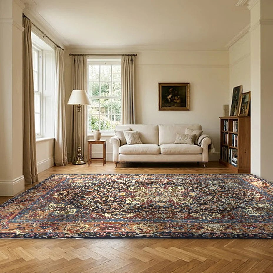 Room view: the rug on the floor of a furnished room, shown at its real size