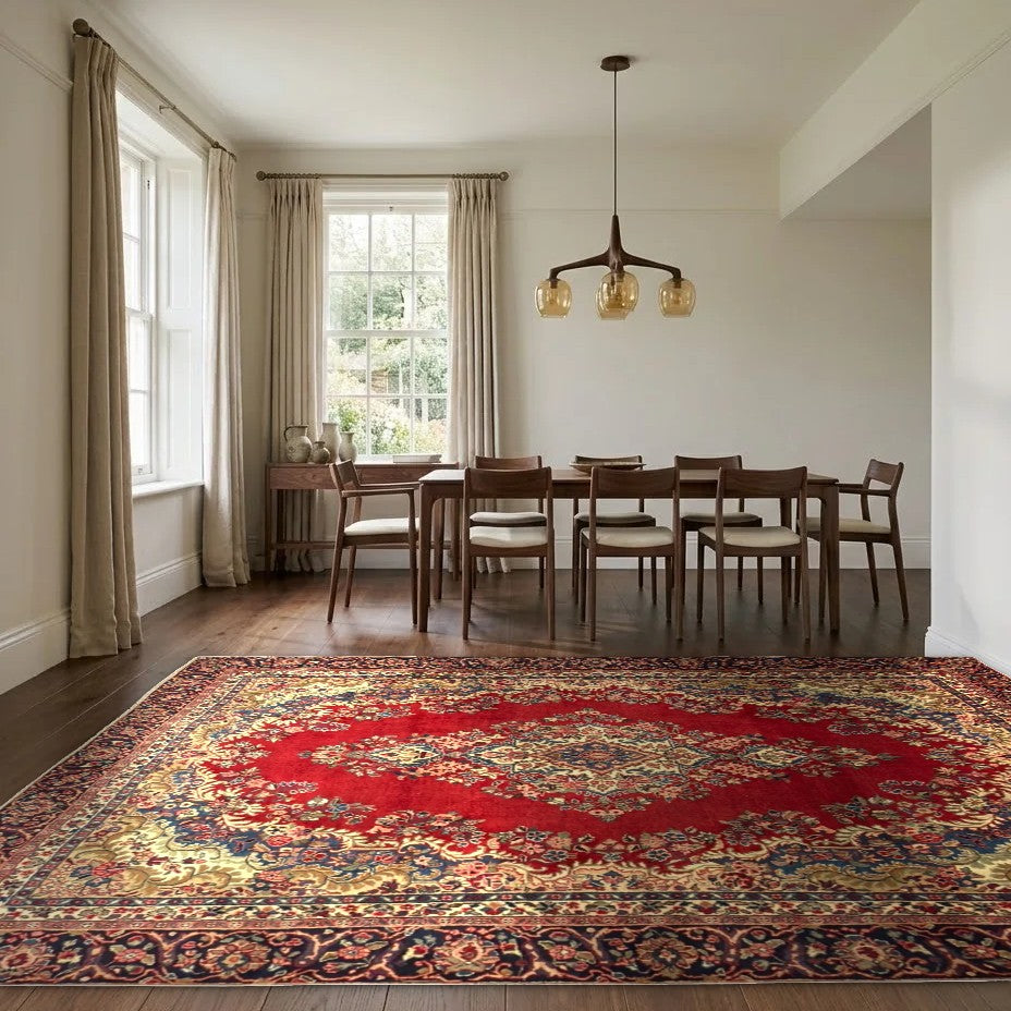Room view: the rug on the floor of a furnished room, shown at its real size