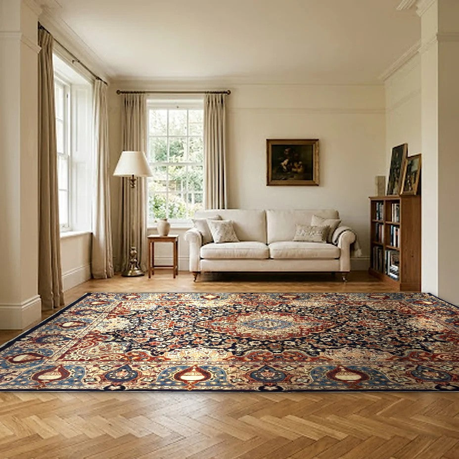Room view: the rug on the floor of a furnished room, shown at its real size