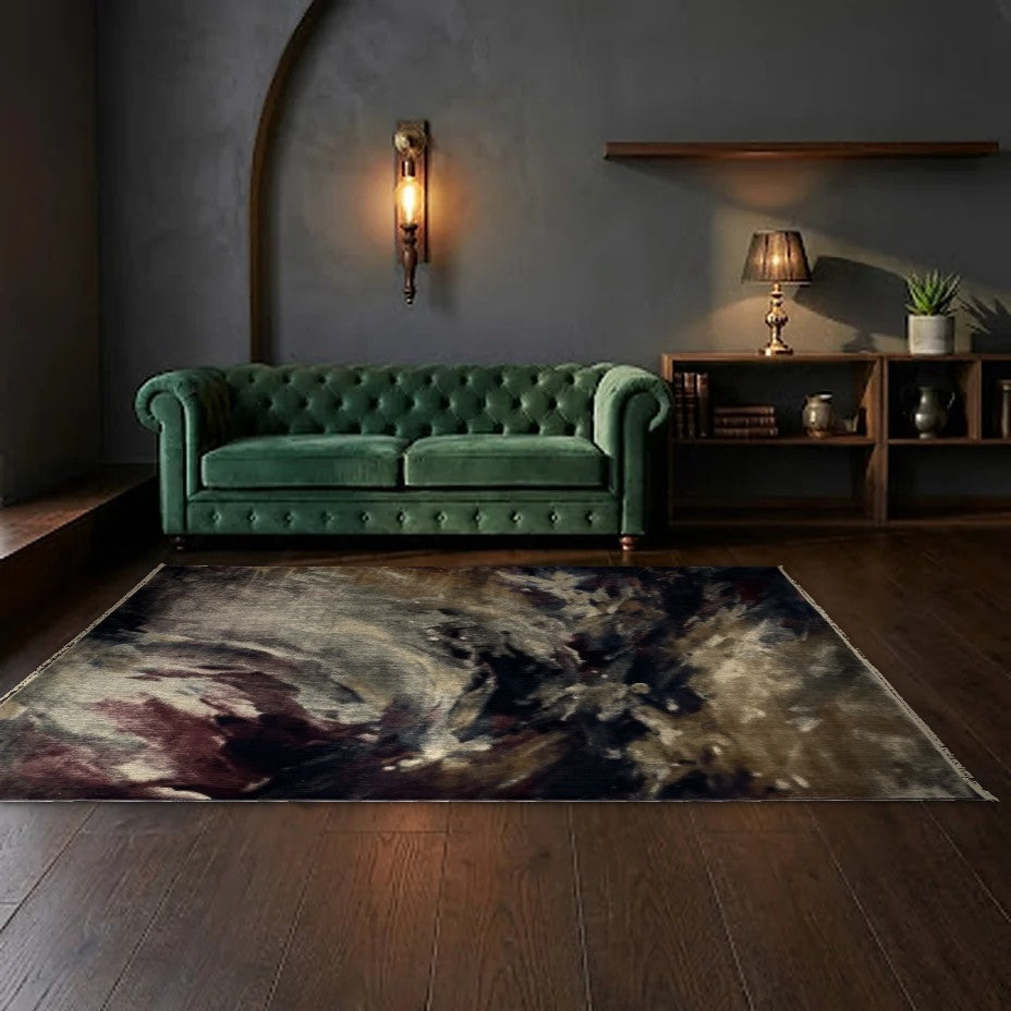 Room view: the rug on the floor of a furnished room, shown at its real size