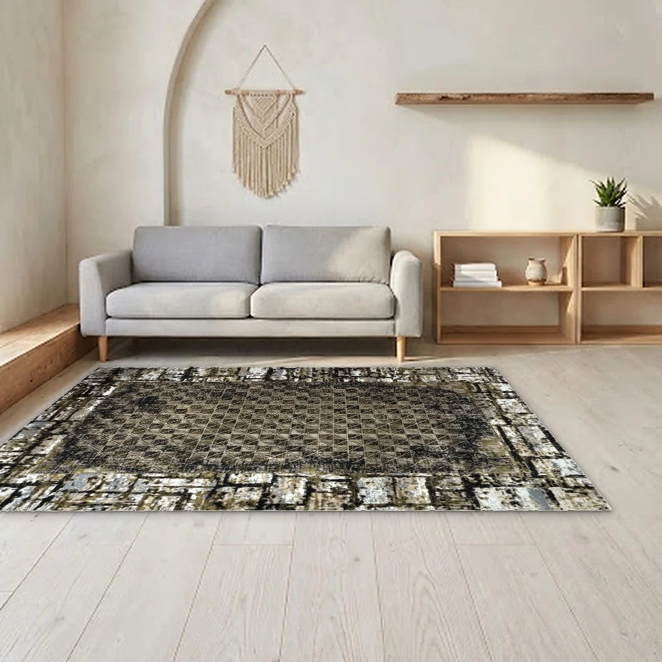 Room view: the rug on the floor of a furnished room, shown at its real size