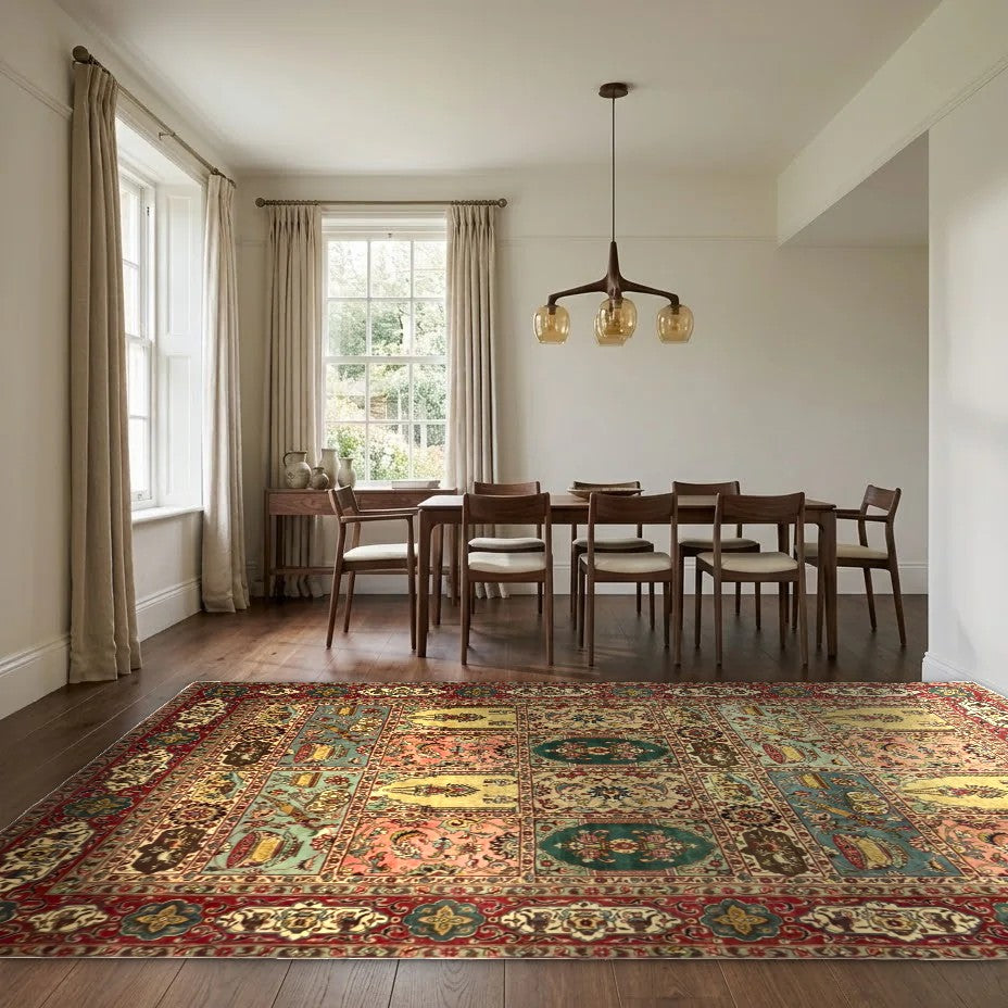 Room view: the rug on the floor of a furnished room, shown at its real size