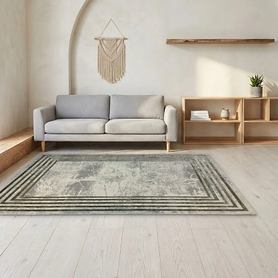 Room view: the rug on the floor of a furnished room, shown at its real size