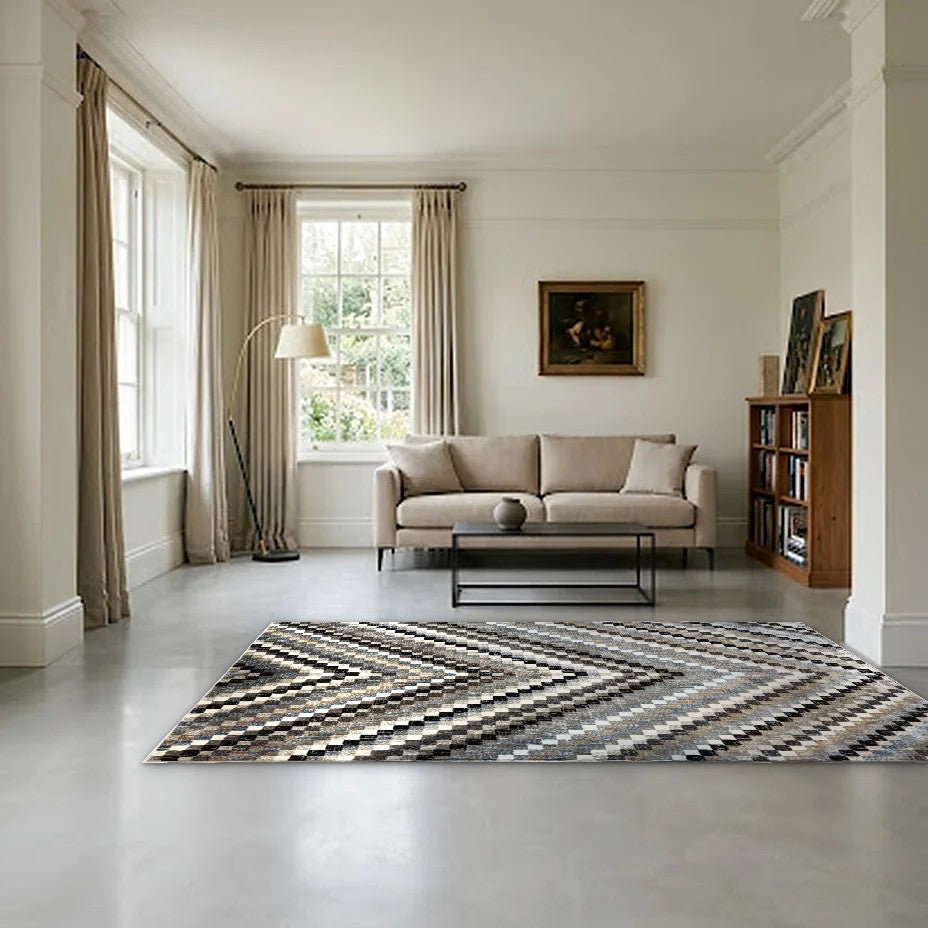 Room view: the rug on the floor of a furnished room, shown at its real size