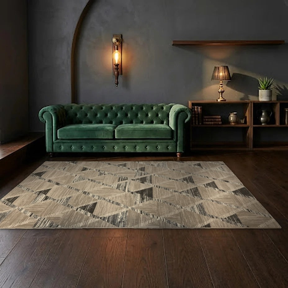 Room view: the rug on the floor of a furnished room, shown at its real size