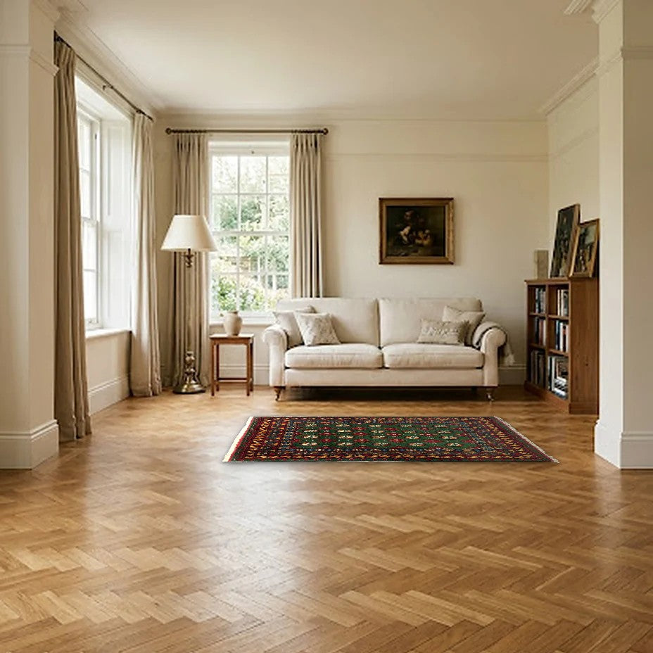 Room view: the rug on the floor of a furnished room, shown at its real size