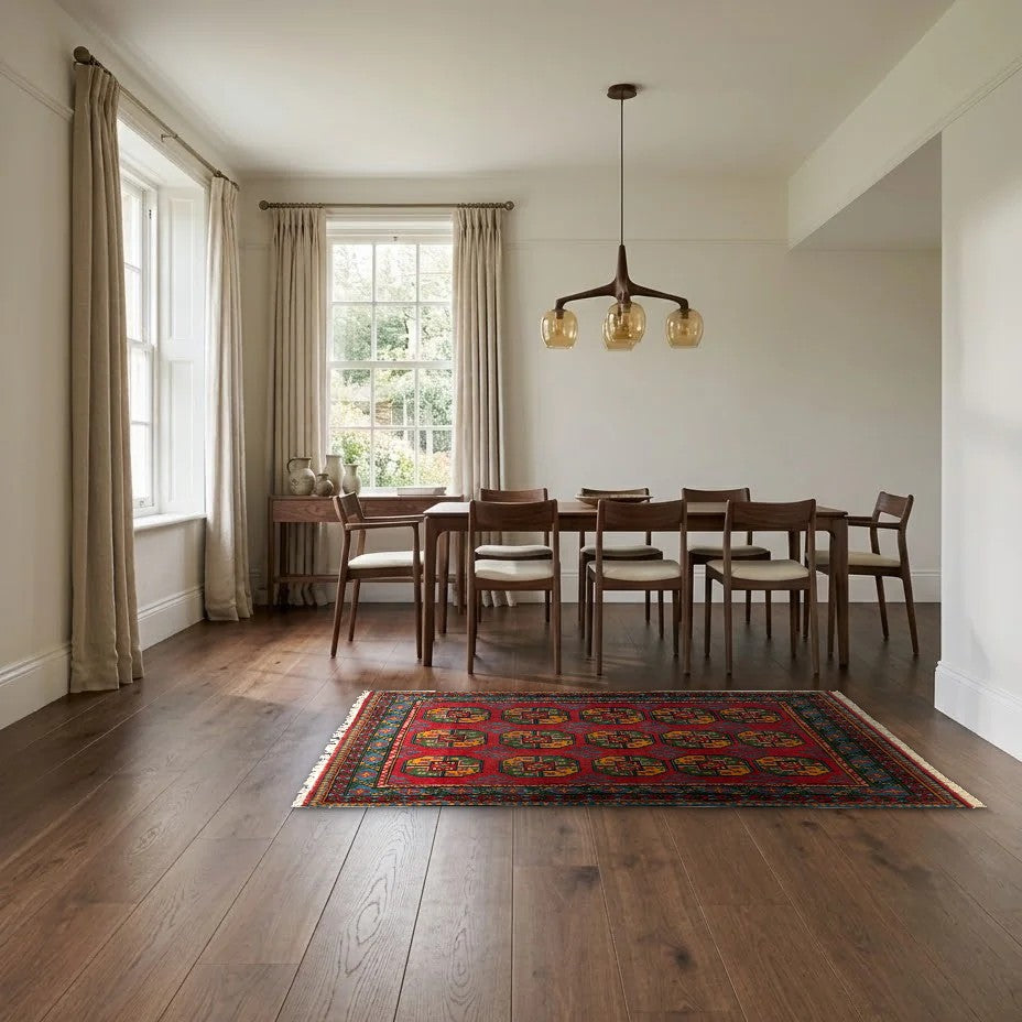 Room view: the rug on the floor of a furnished room, shown at its real size
