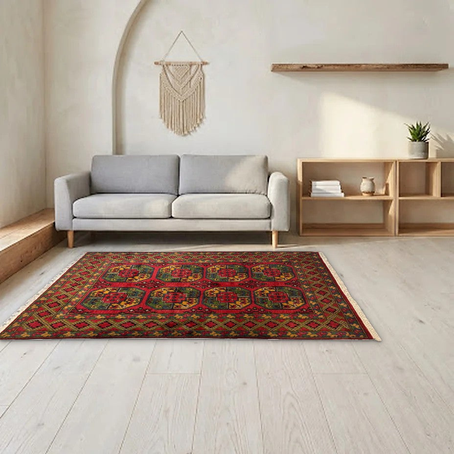 Room view: the rug on the floor of a furnished room, shown at its real size