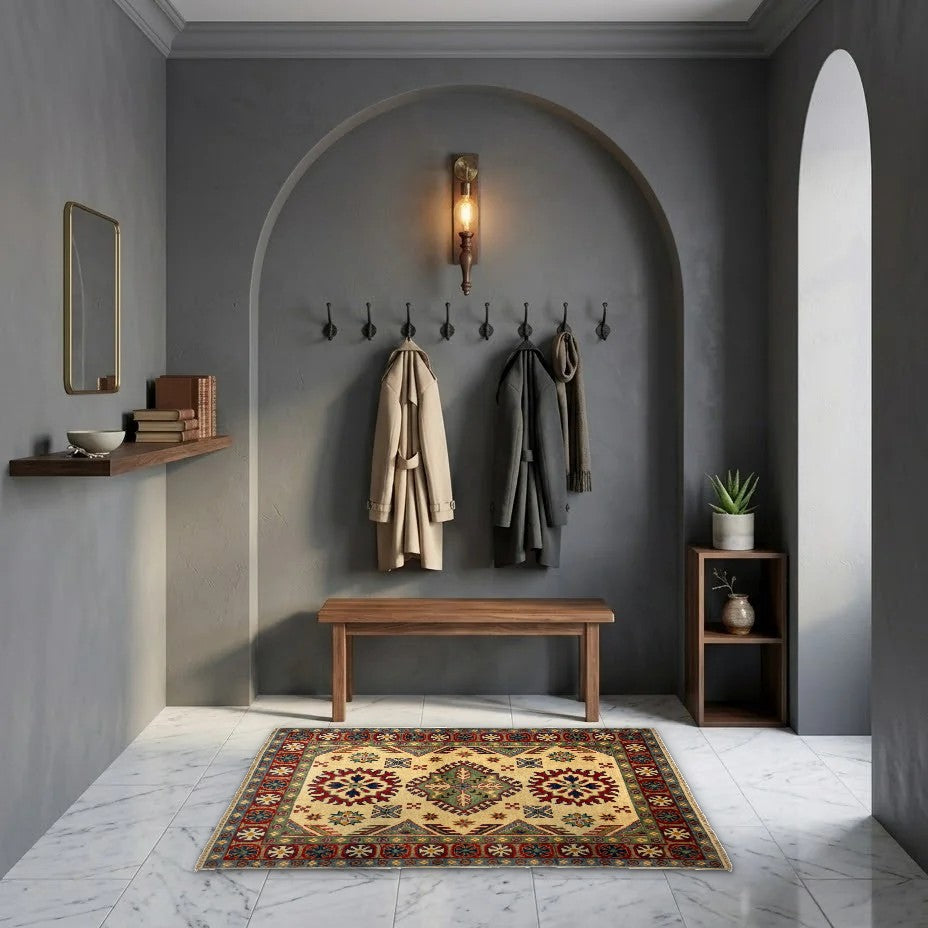 Room view: the rug on the floor of a furnished room, shown at its real size