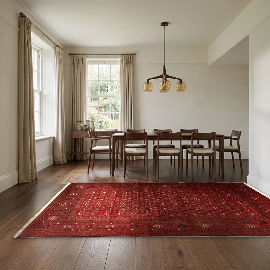 Room view: the rug on the floor of a furnished room, shown at its real size
