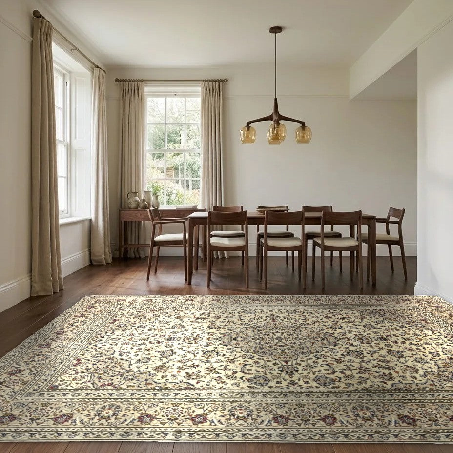 Room view: the rug on the floor of a furnished room, shown at its real size