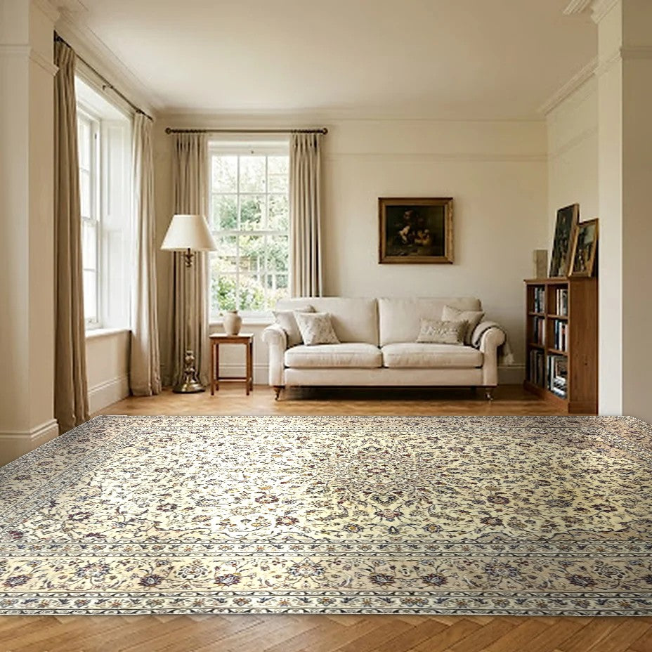 Room view: the rug on the floor of a furnished room, shown at its real size