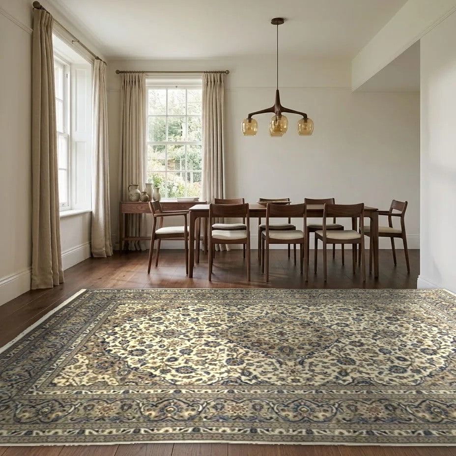Room view: the rug on the floor of a furnished room, shown at its real size