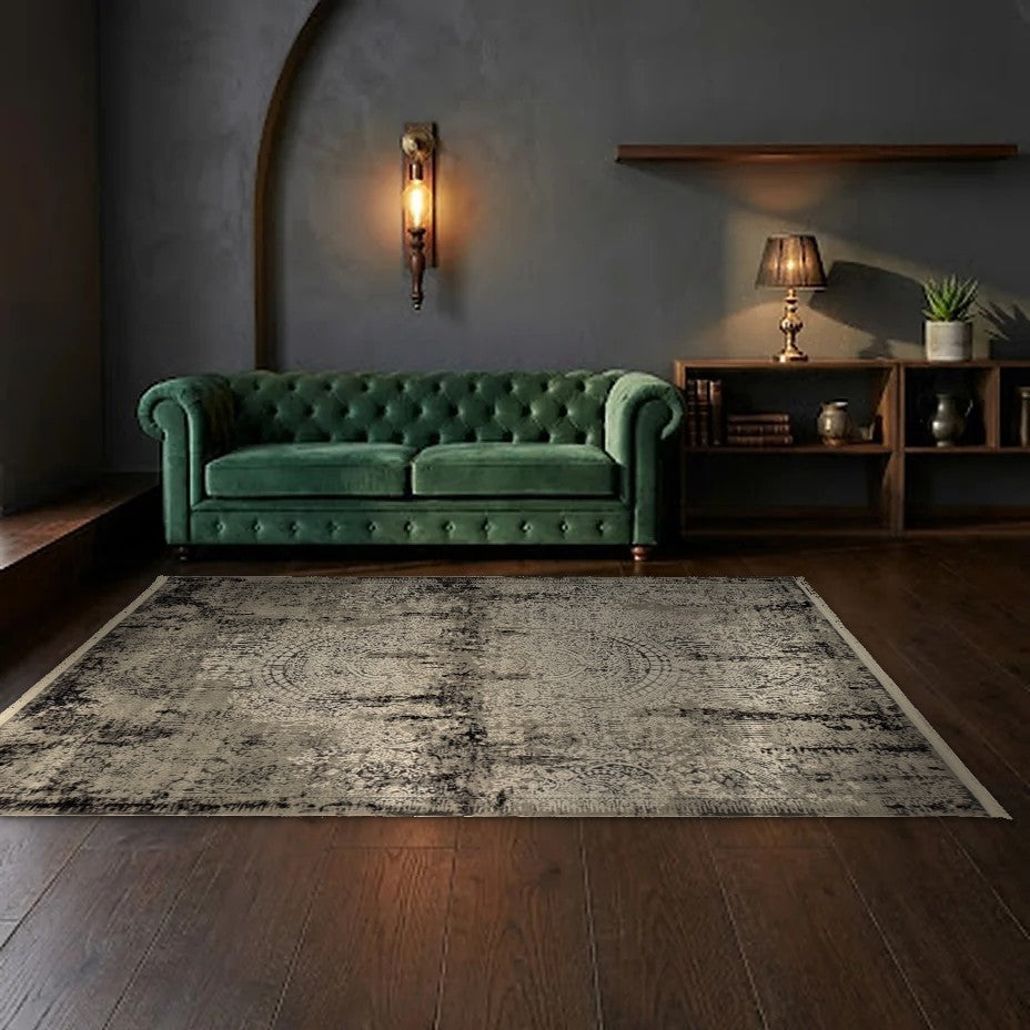 Room view: the rug on the floor of a furnished room, shown at its real size