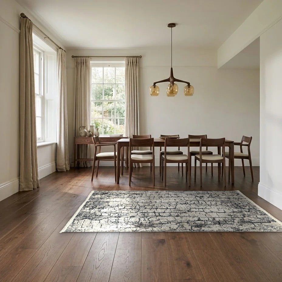 Room view: the rug on the floor of a furnished room, shown at its real size