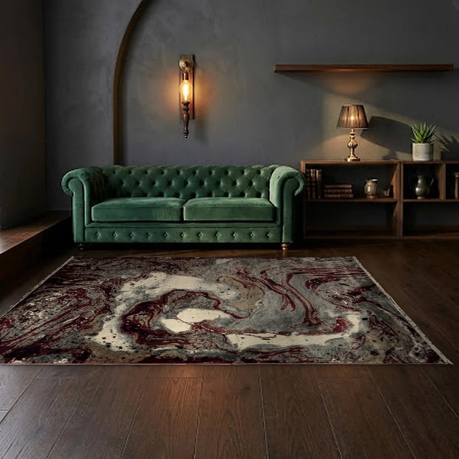 Room view: the rug on the floor of a furnished room, shown at its real size