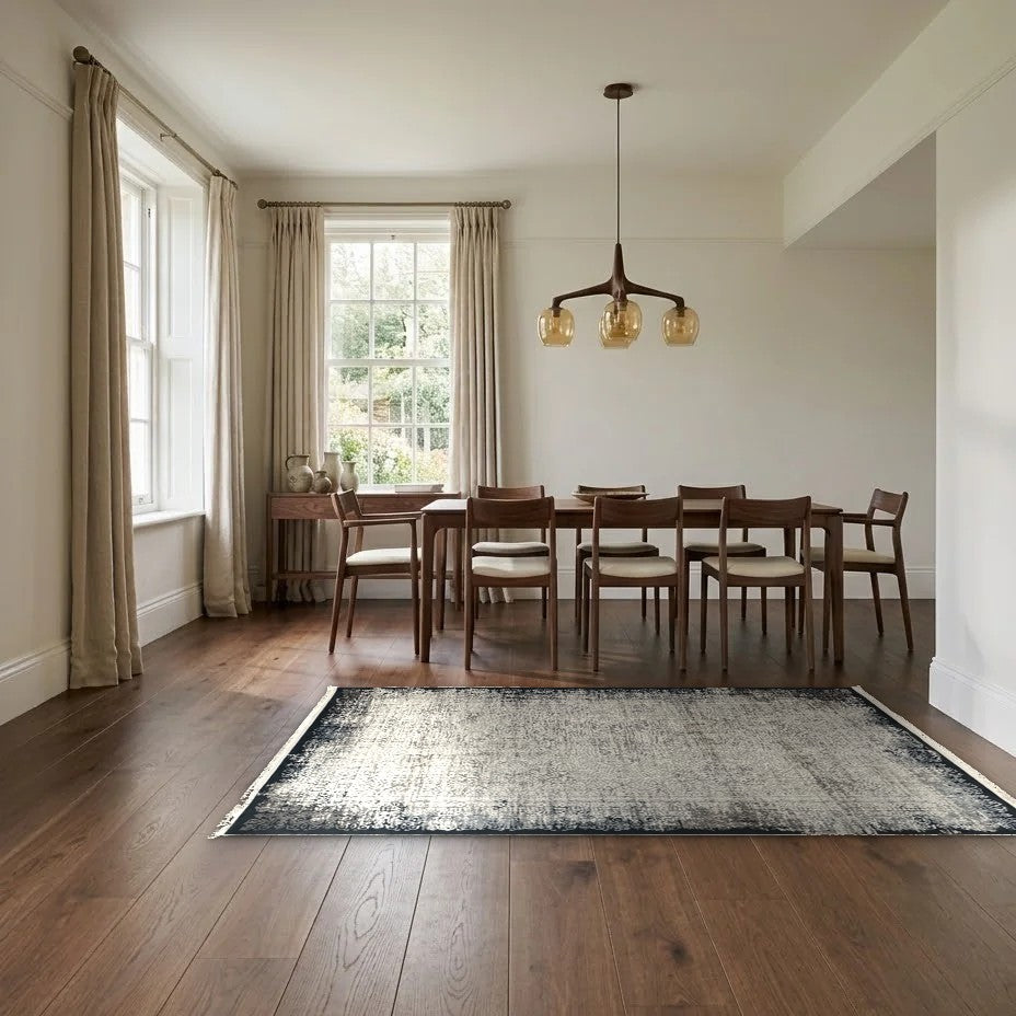 Room view: the rug on the floor of a furnished room, shown at its real size