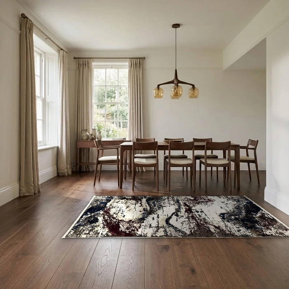 Room view: the rug on the floor of a furnished room, shown at its real size