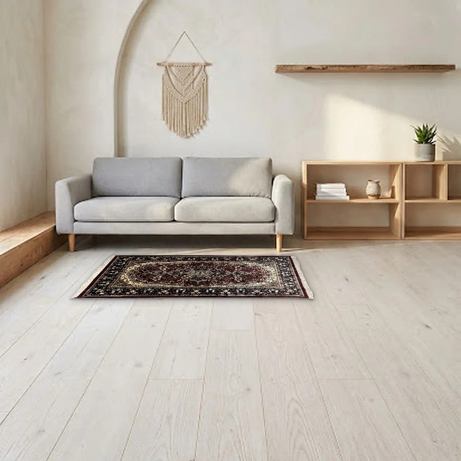 Room view: the rug on the floor of a furnished room, shown at its real size