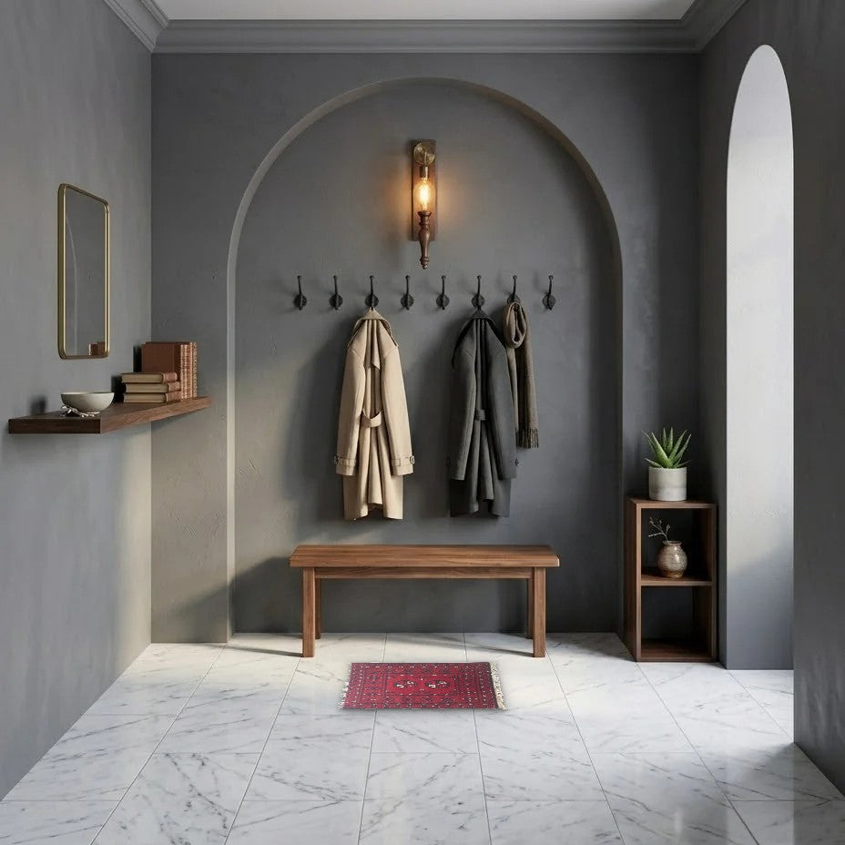 Room view: the rug on the floor of a furnished room, shown at its real size