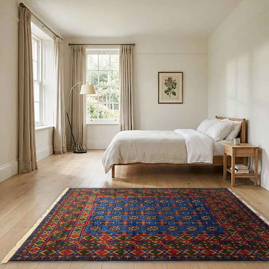 Room view: the rug on the floor of a furnished room, shown at its real size