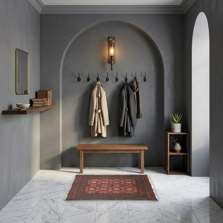 Room view: the rug on the floor of a furnished room, shown at its real size