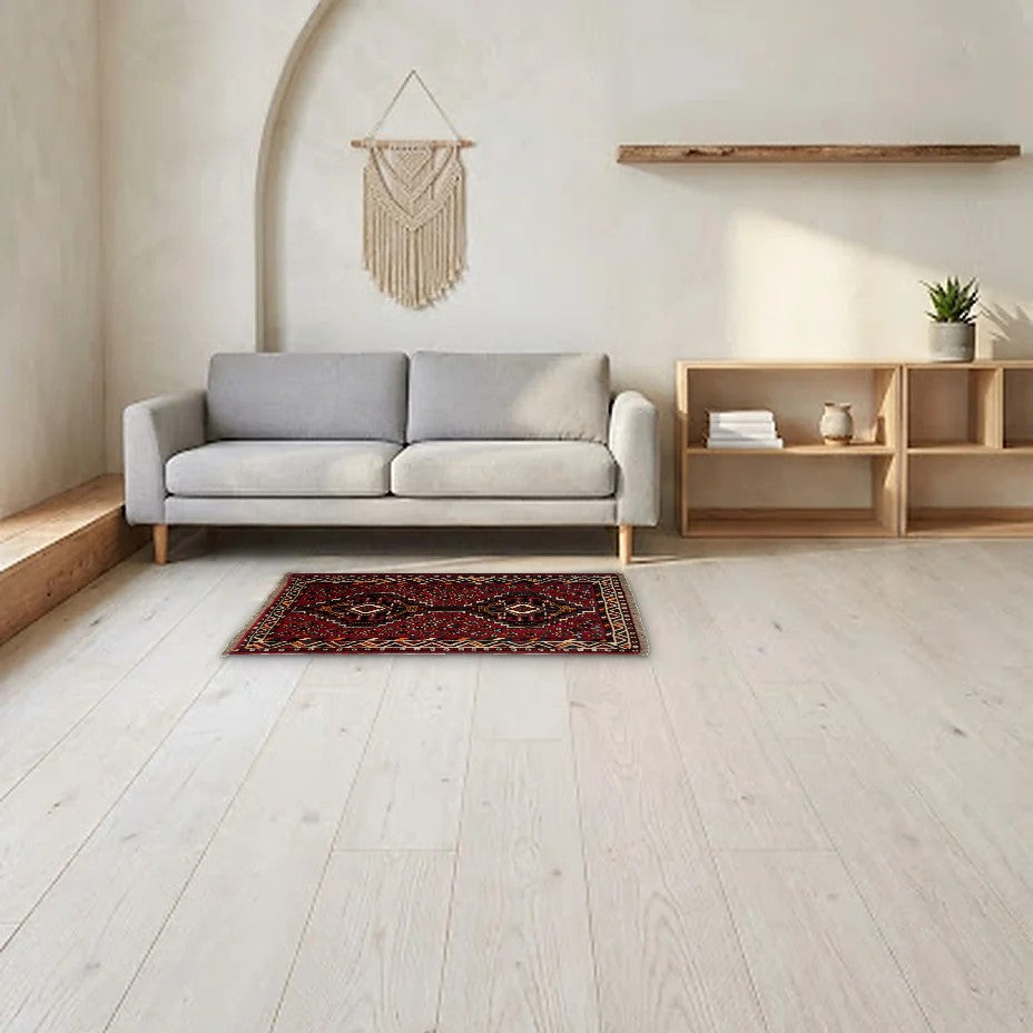 Room view: the rug on the floor of a furnished room, shown at its real size