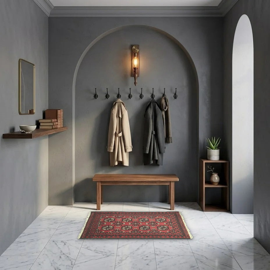 Room view: the rug on the floor of a furnished room, shown at its real size
