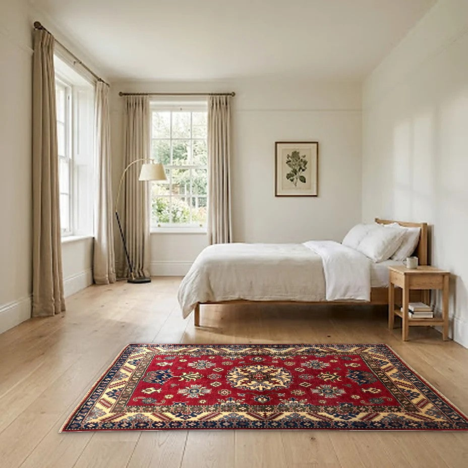 Room view: the rug on the floor of a furnished room, shown at its real size