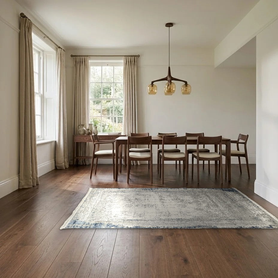 Room view: the rug on the floor of a furnished room, shown at its real size