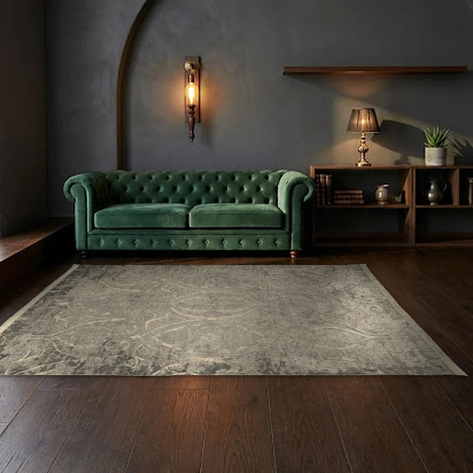Room view: the rug on the floor of a furnished room, shown at its real size