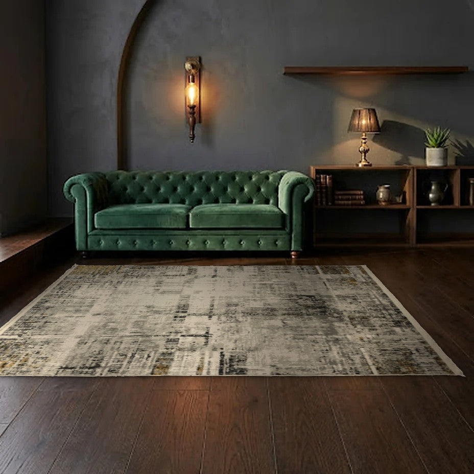 Room view: the rug on the floor of a furnished room, shown at its real size