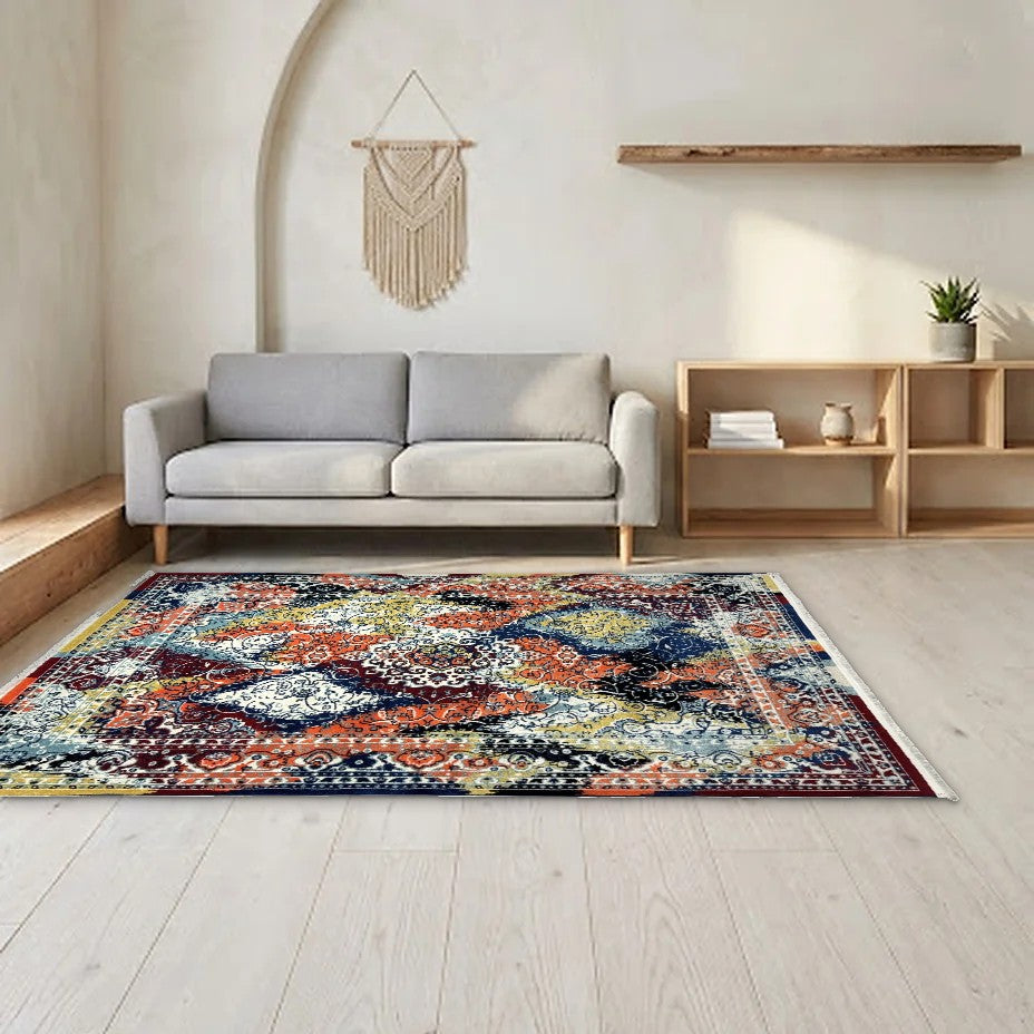 Room view: the rug on the floor of a furnished room, shown at its real size