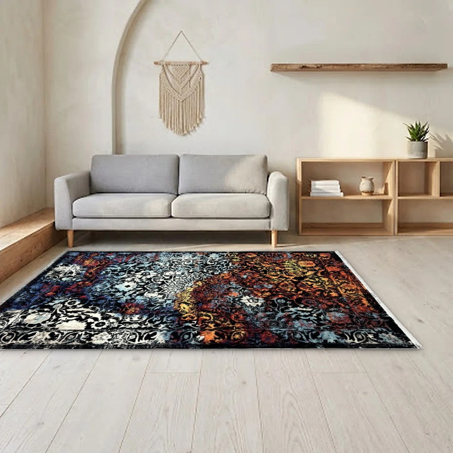 Room view: the rug on the floor of a furnished room, shown at its real size