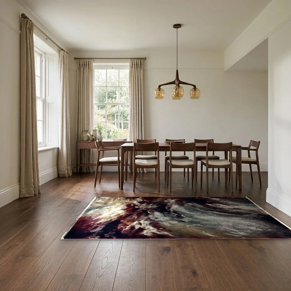 Room view: the rug on the floor of a furnished room, shown at its real size