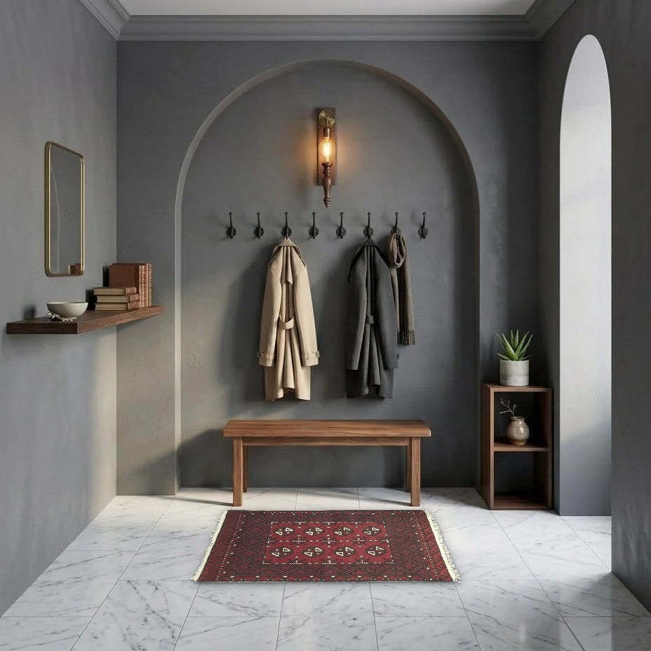 Room view: the rug on the floor of a furnished room, shown at its real size