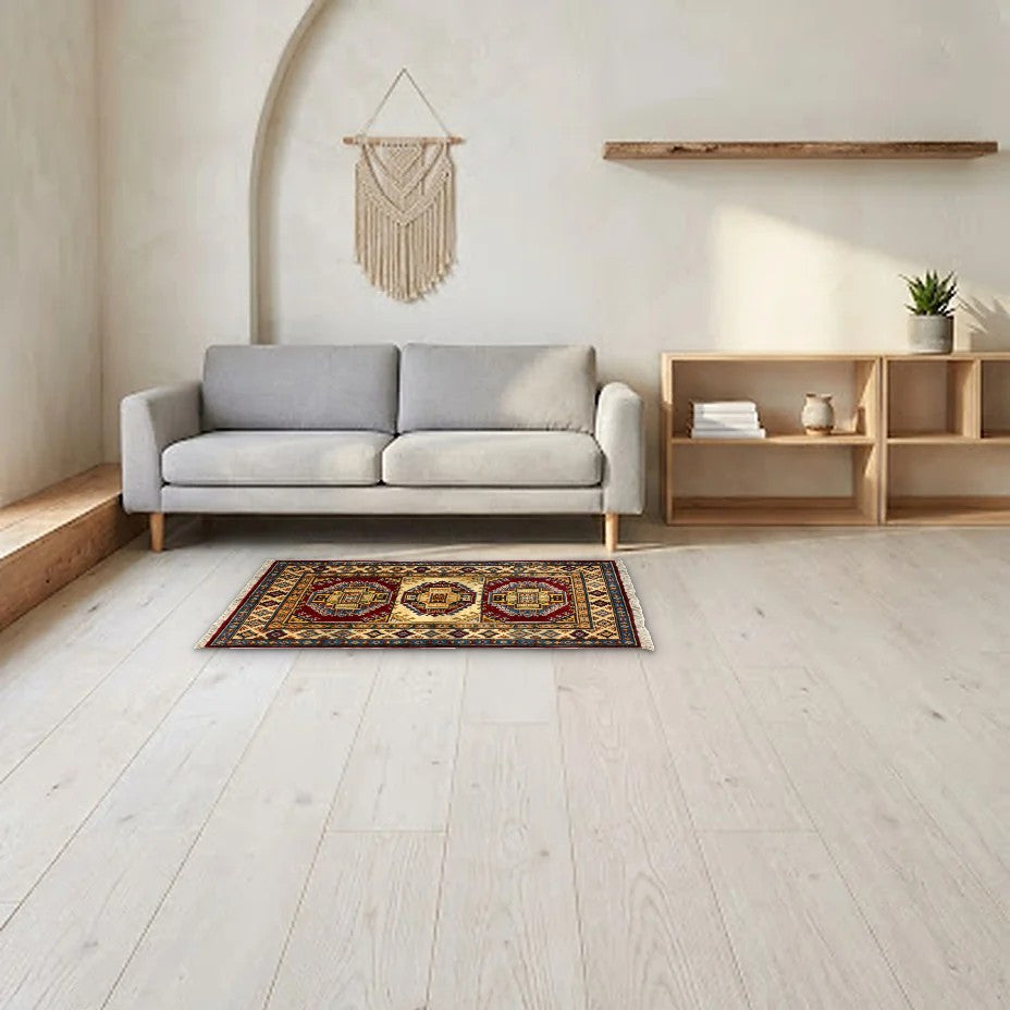 Room view: the rug on the floor of a furnished room, shown at its real size