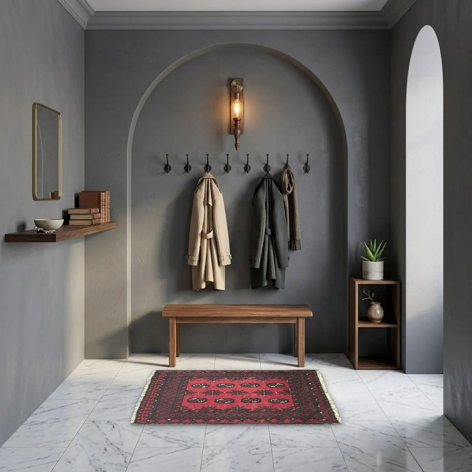 Room view: the rug on the floor of a furnished room, shown at its real size