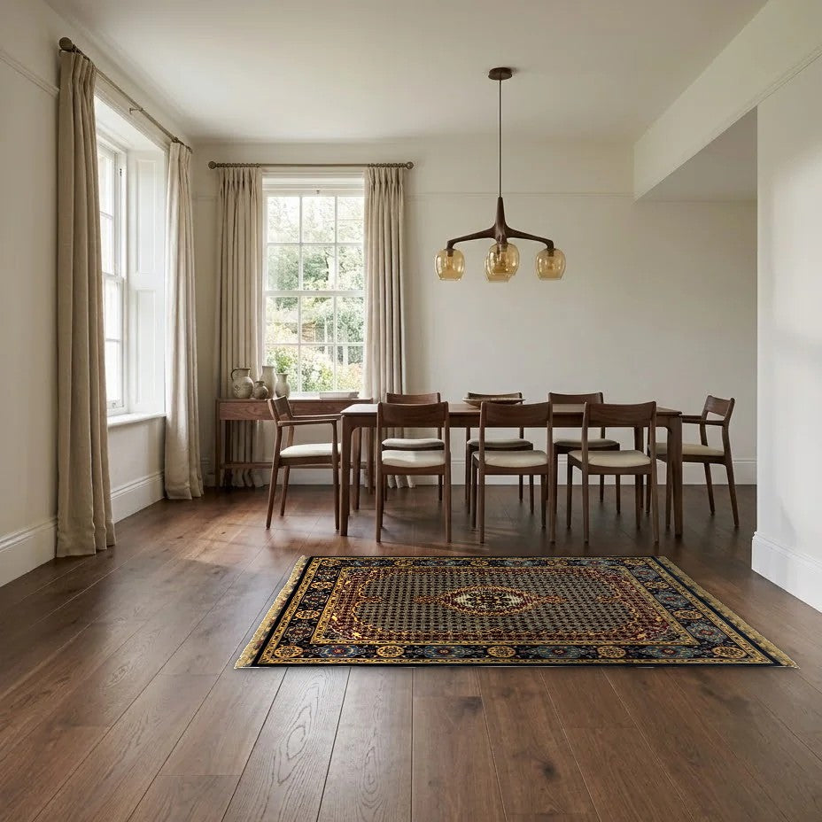 Room view: the rug on the floor of a furnished room, shown at its real size