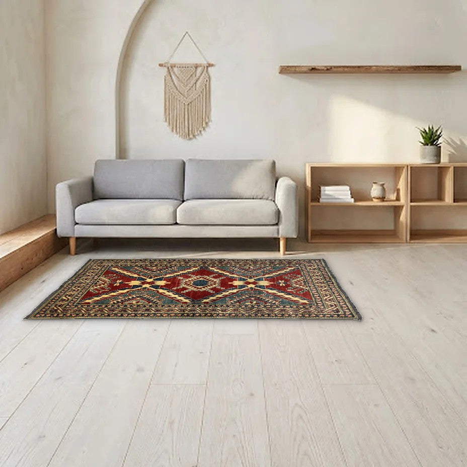 Room view: the rug on the floor of a furnished room, shown at its real size