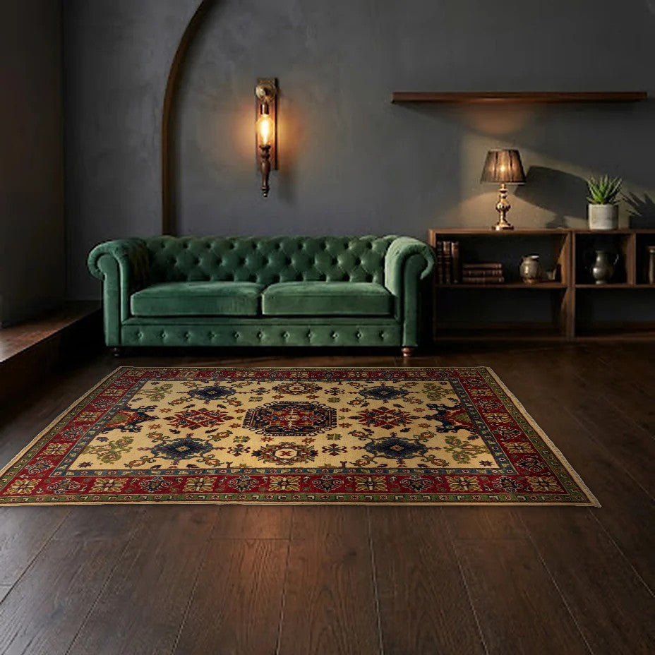 Room view: the rug on the floor of a furnished room, shown at its real size