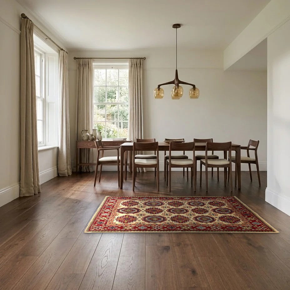 Room view: the rug on the floor of a furnished room, shown at its real size