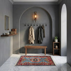 Room view: the rug on the floor of a furnished room, shown at its real size