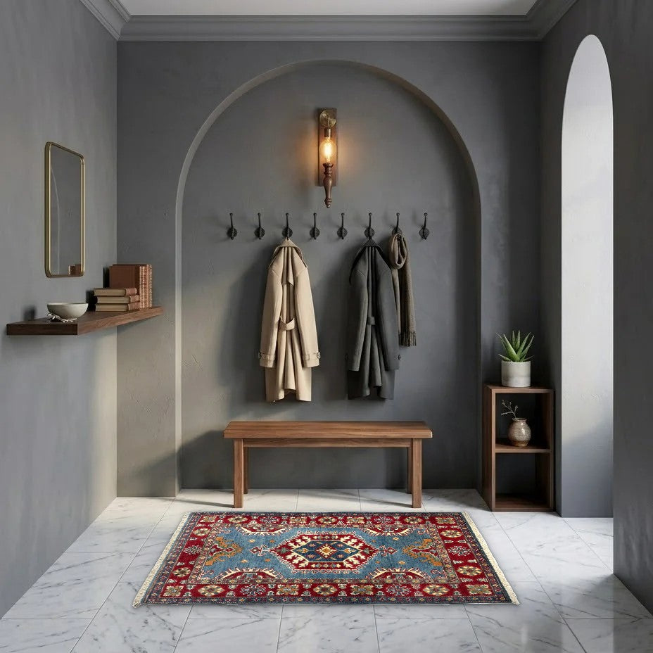 Room view: the rug on the floor of a furnished room, shown at its real size